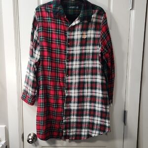 Lauren Ralph Lauren Flannel Button-Down NightShirt In Mixed Pattern Plaid - XL
